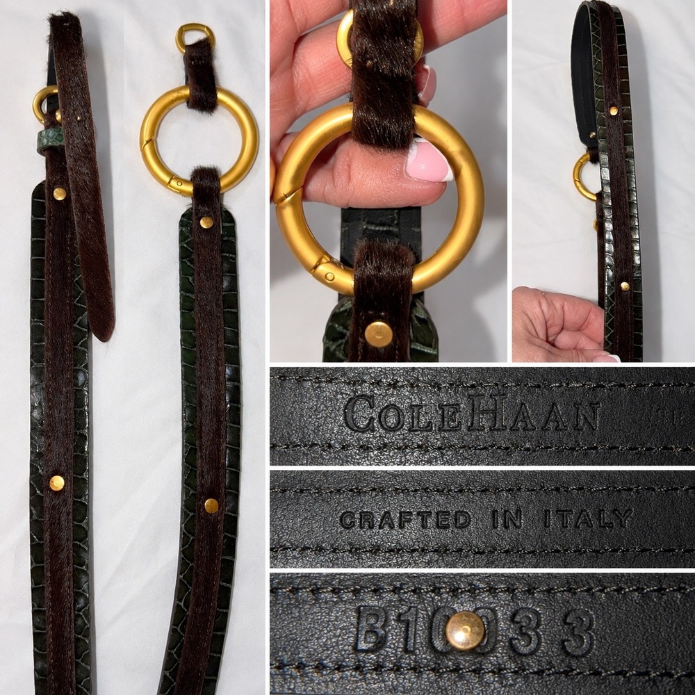 Cole Haan Italian Leather Belt Green Croc Embossed Brown Hair on Hide Gold Ring